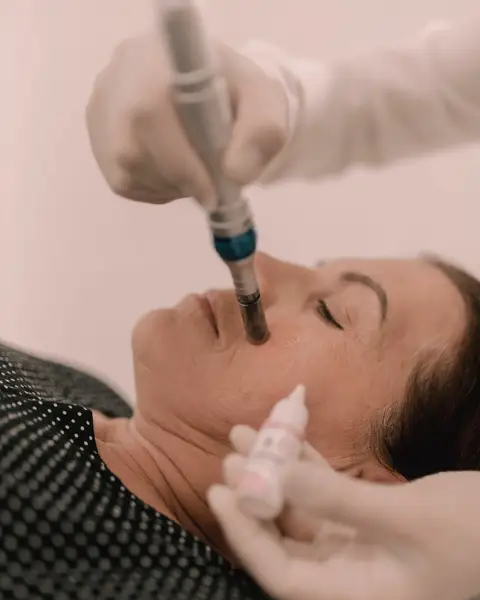 Esthetician performing microneedling on a client